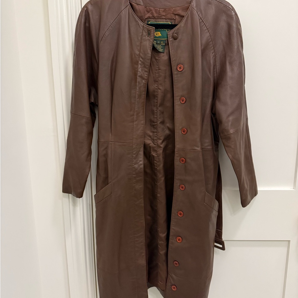 Long Brown Leather Button-Front Coat